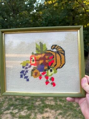 Vintage Needlepoint Framed Wall Art MCM Beautiful Flower And Fruit Cornucopia